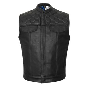 High Mileage Mens Zipper and Snap Closure Leather Club Vest with Quick Access & American Flag Liner