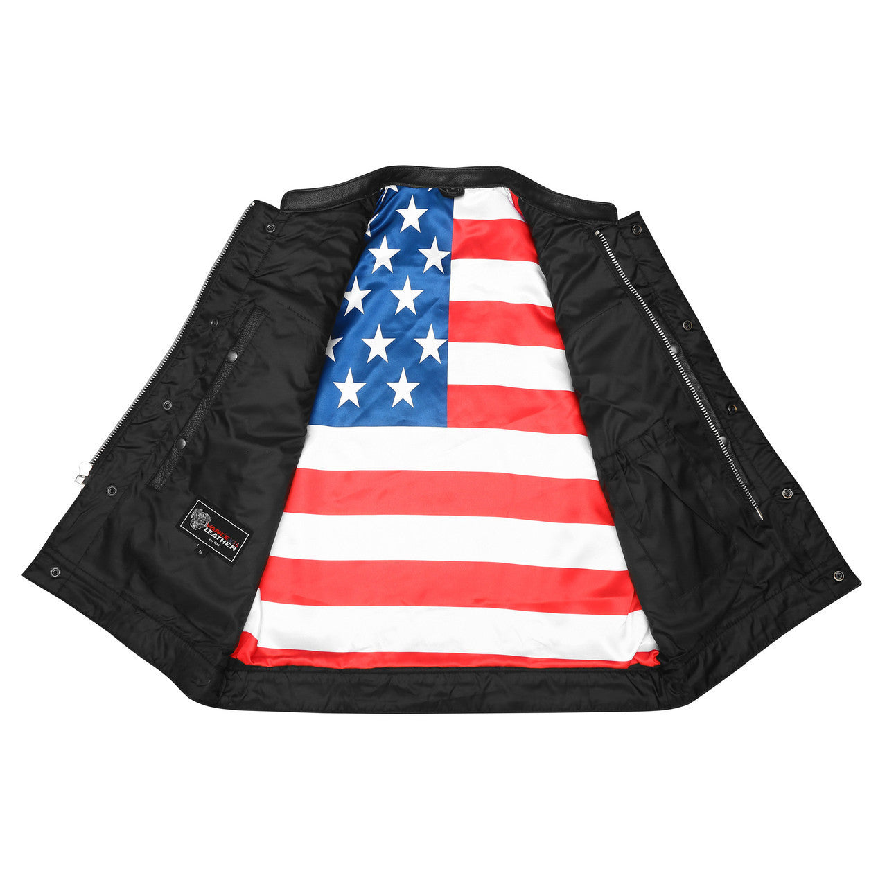 High Mileage Mens Zipper and Snap Closure Leather Club Vest with Quick Access & American Flag Liner - Image 4