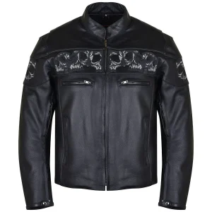 Vance VL535 Mens Black Reflective Skulls Premium Cowhide Leather Biker Motorcycle Riding Jacket