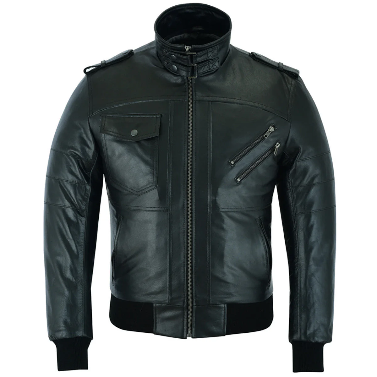 Vance Leather Mens Sven Bomber Black Waxed Premium Cowhide Motorcycle Leather Jacket with Removeable Hood - Image 2
