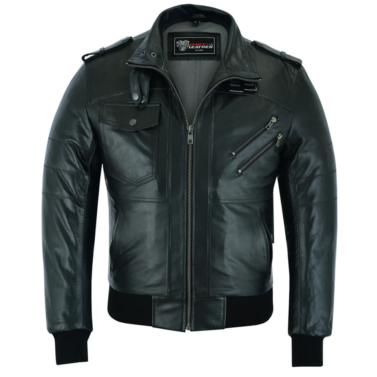 Vance Leather Mens Sven Bomber Black Waxed Premium Cowhide Motorcycle Leather Jacket with Removeable Hood - Image 4