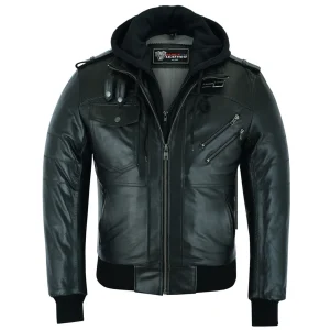 Vance Leather Mens Sven Bomber Black Waxed Premium Cowhide Motorcycle Leather Jacket with Removeable Hood