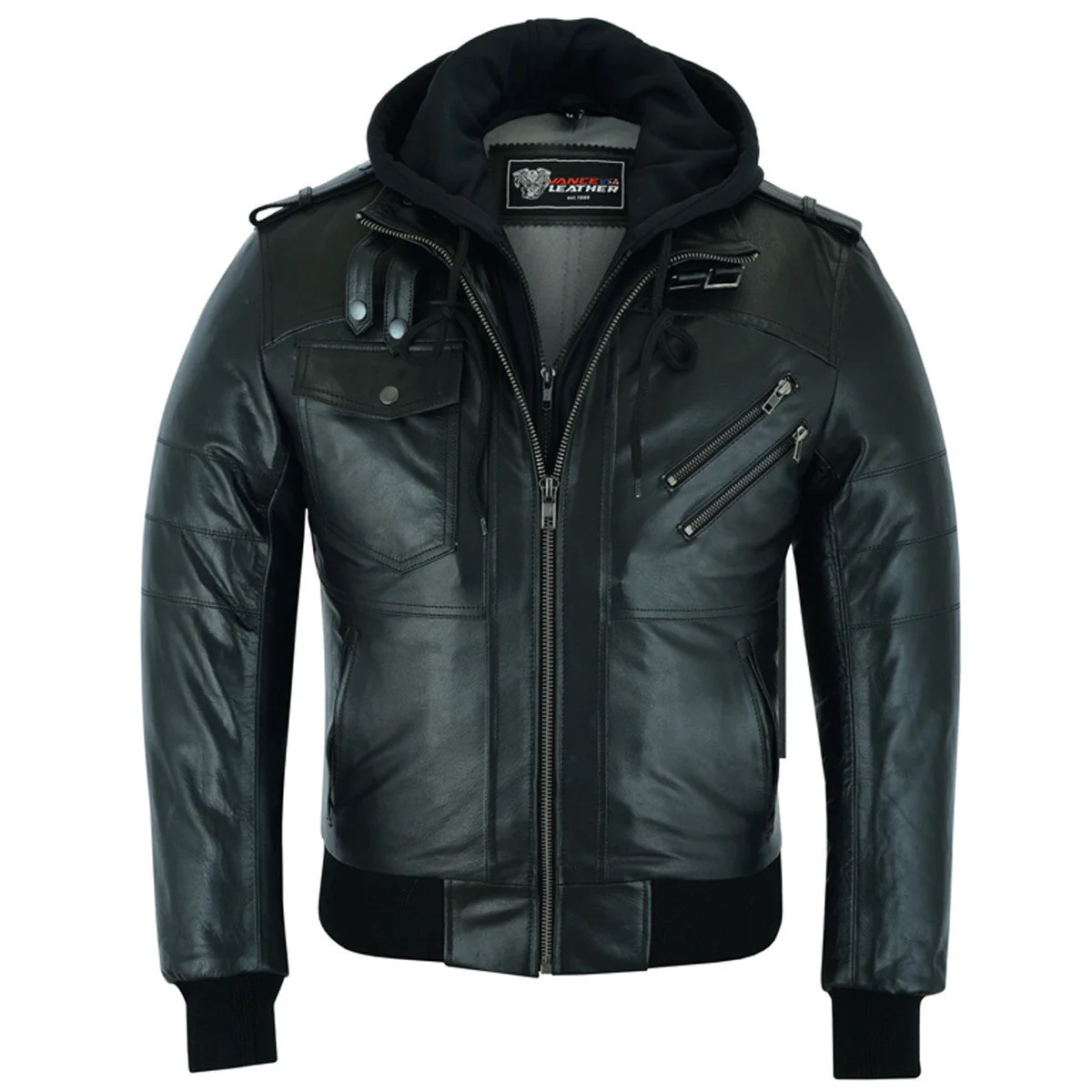 Vance Leather Mens Sven Bomber Black Waxed Premium Cowhide Motorcycle Leather Jacket with Removeable Hood