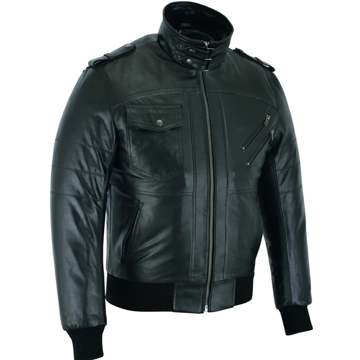 Vance Leather Mens Sven Bomber Black Waxed Premium Cowhide Motorcycle Leather Jacket with Removeable Hood - Image 5