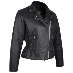 Vance Leather Women's Black Soft Cowhide Braided and Studded Biker Motorcycle Riding Jacket