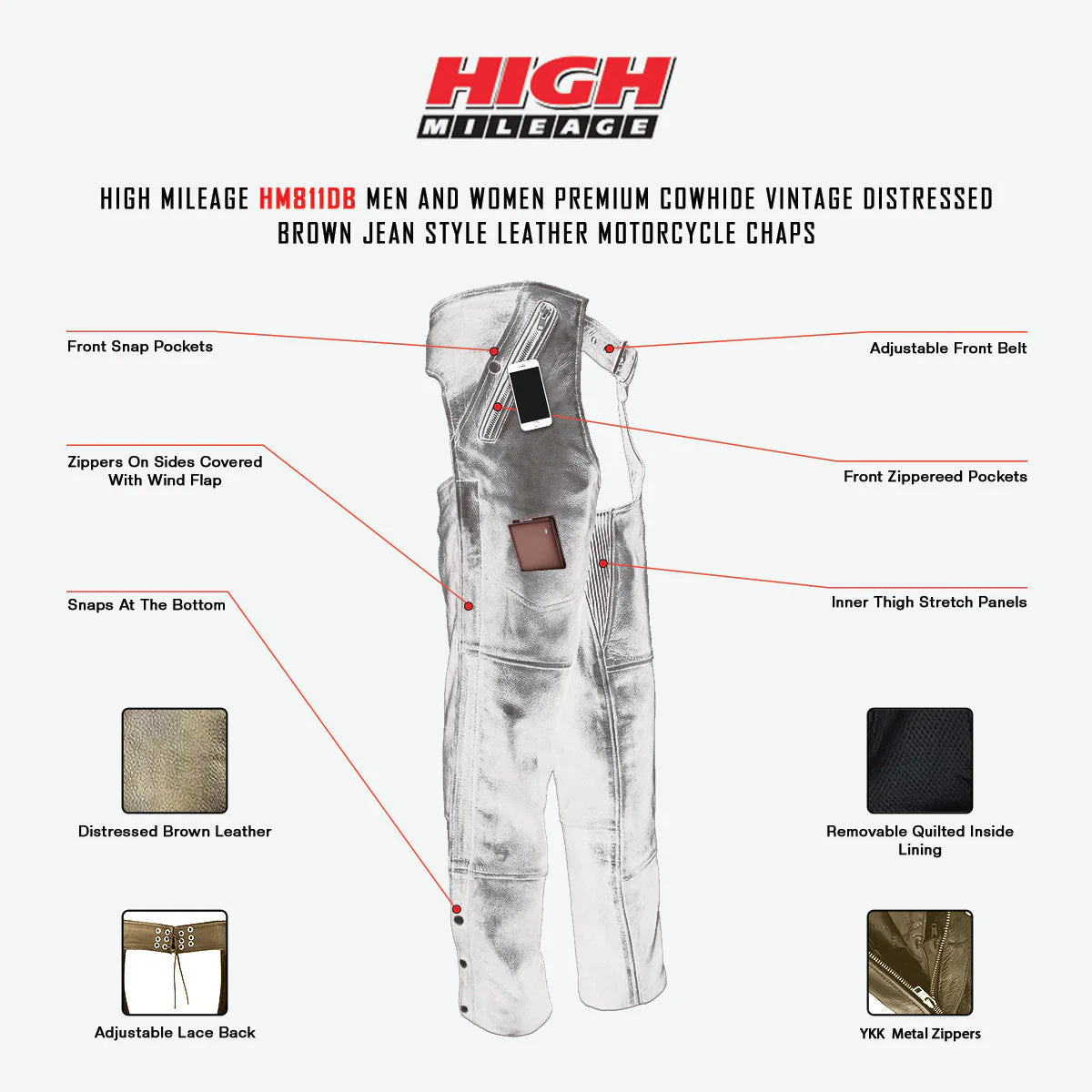 High Mileage Premium Cowhide Vintage Distressed Brown Jean Style Leather Motorcycle Chaps Unisex - Image 3