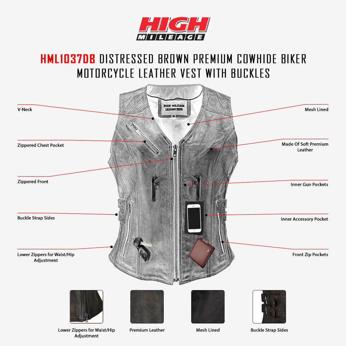 High Mileage HML1037DB Womens Distressed Brown Premium Cowhide Biker Motorcycle Leather Vest With Buckles - Image 4