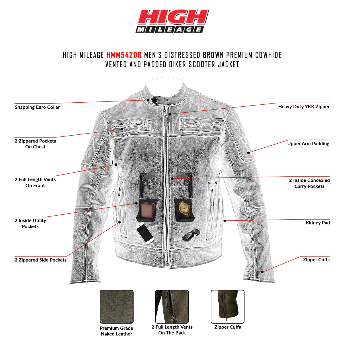 High Mileage HMM542DB Men's Distressed Brown Premium Cowhide Vented and Padded Biker Scooter Jacket - Image 5