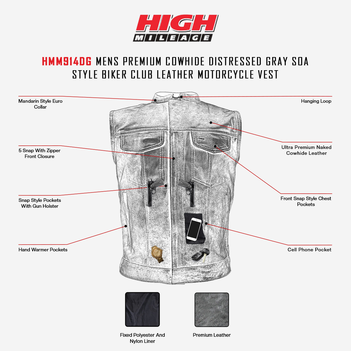 High Mileage Mens Premium Cowhide Distressed Gray SOA Style Biker Club Leather Motorcycle Vest - Image 6
