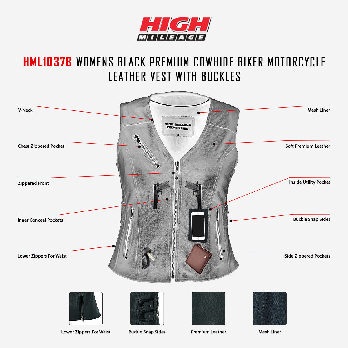 High Mileage Womens Black Premium Cowhide Biker Motorcycle Leather Vest With Buckles - Image 8