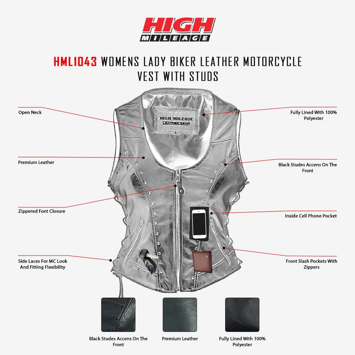 High Mileage HML1043 Womens Lady Biker Leather Motorcycle Vest With Studs - Image 6