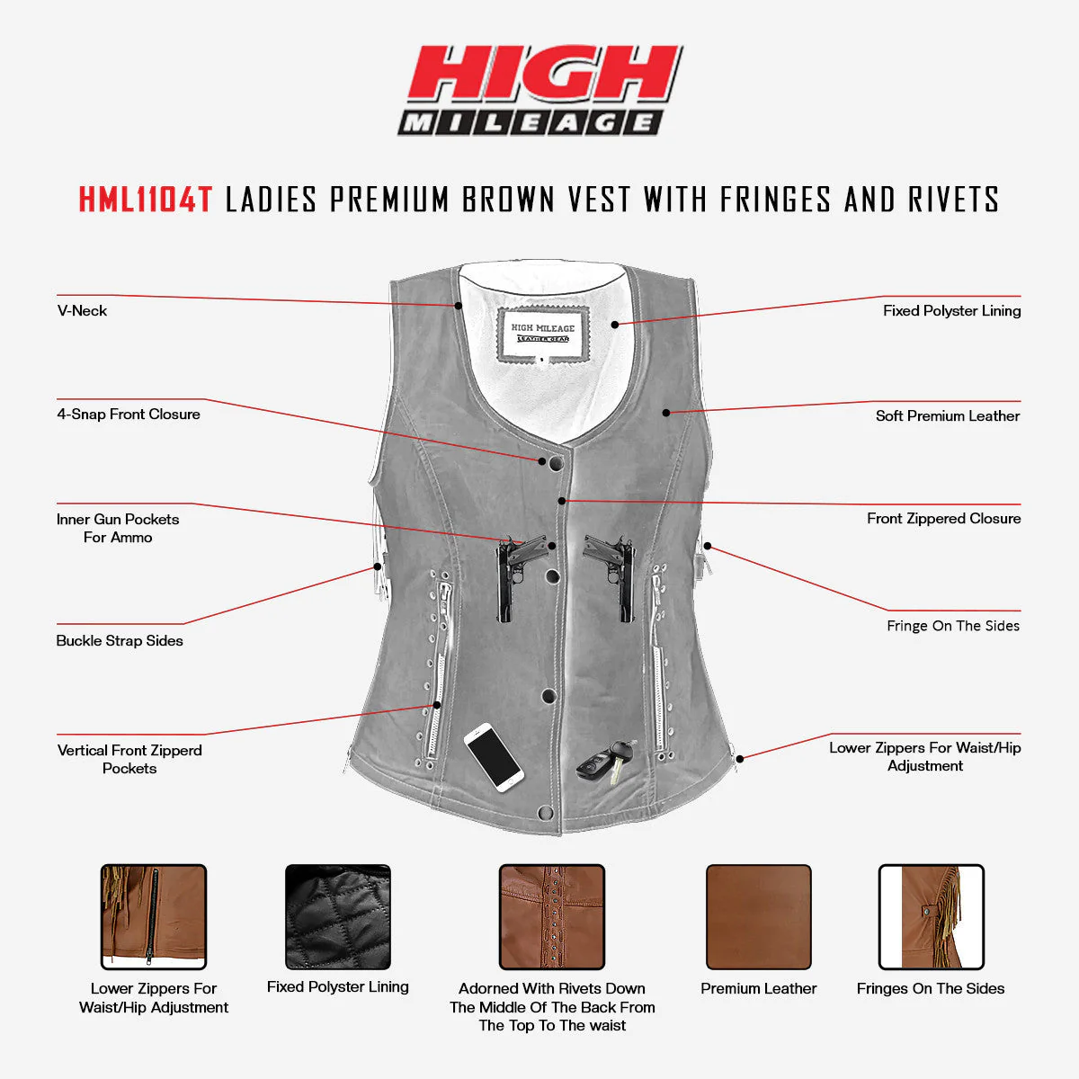 High Mileage 'Roxy' Ladies Premium Brown Leather Vest with Fringes and Rivets - Image 8