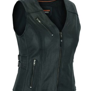 High Mileage Womens Black Premium Cowhide Biker Motorcycle Leather Vest With Buckles