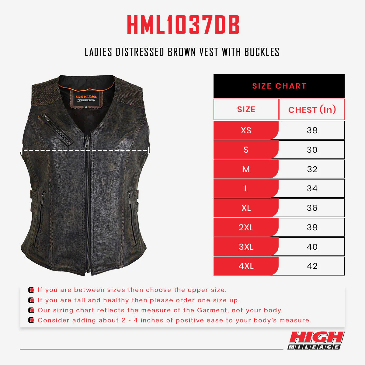 High Mileage HML1037DB Womens Distressed Brown Premium Cowhide Biker Motorcycle Leather Vest With Buckles - Image 6