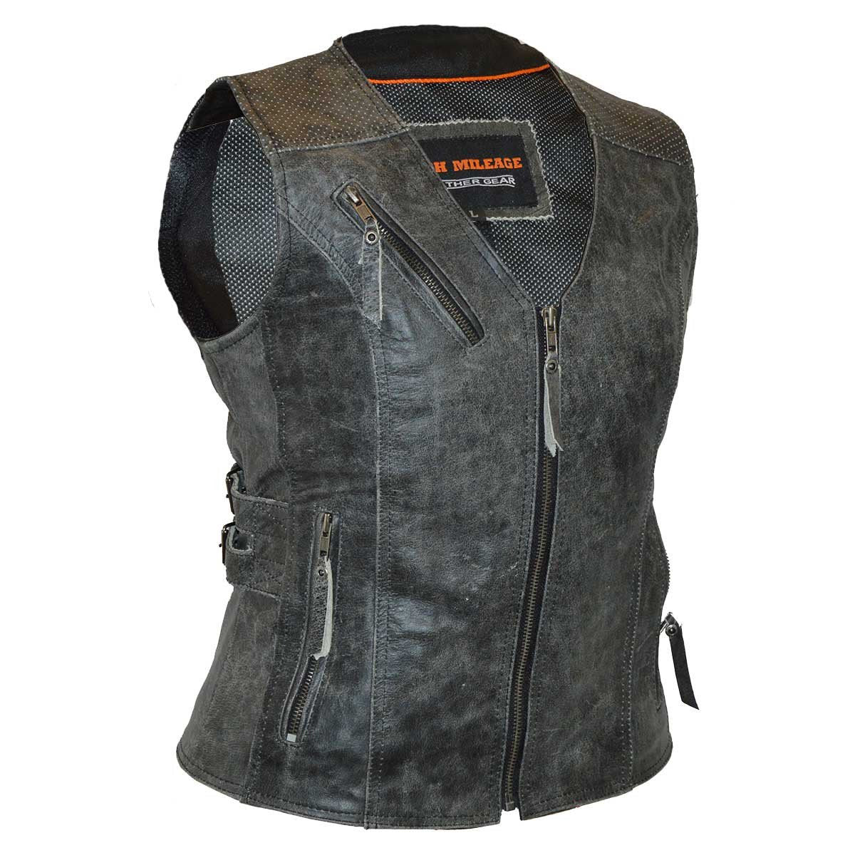 High Mileage Women's Distressed Gray Premium Cowhide Biker Motorcycle Leather Vest With Buckles