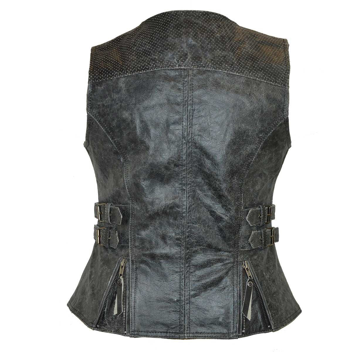 High Mileage Women's Distressed Gray Premium Cowhide Biker Motorcycle Leather Vest With Buckles - Image 2