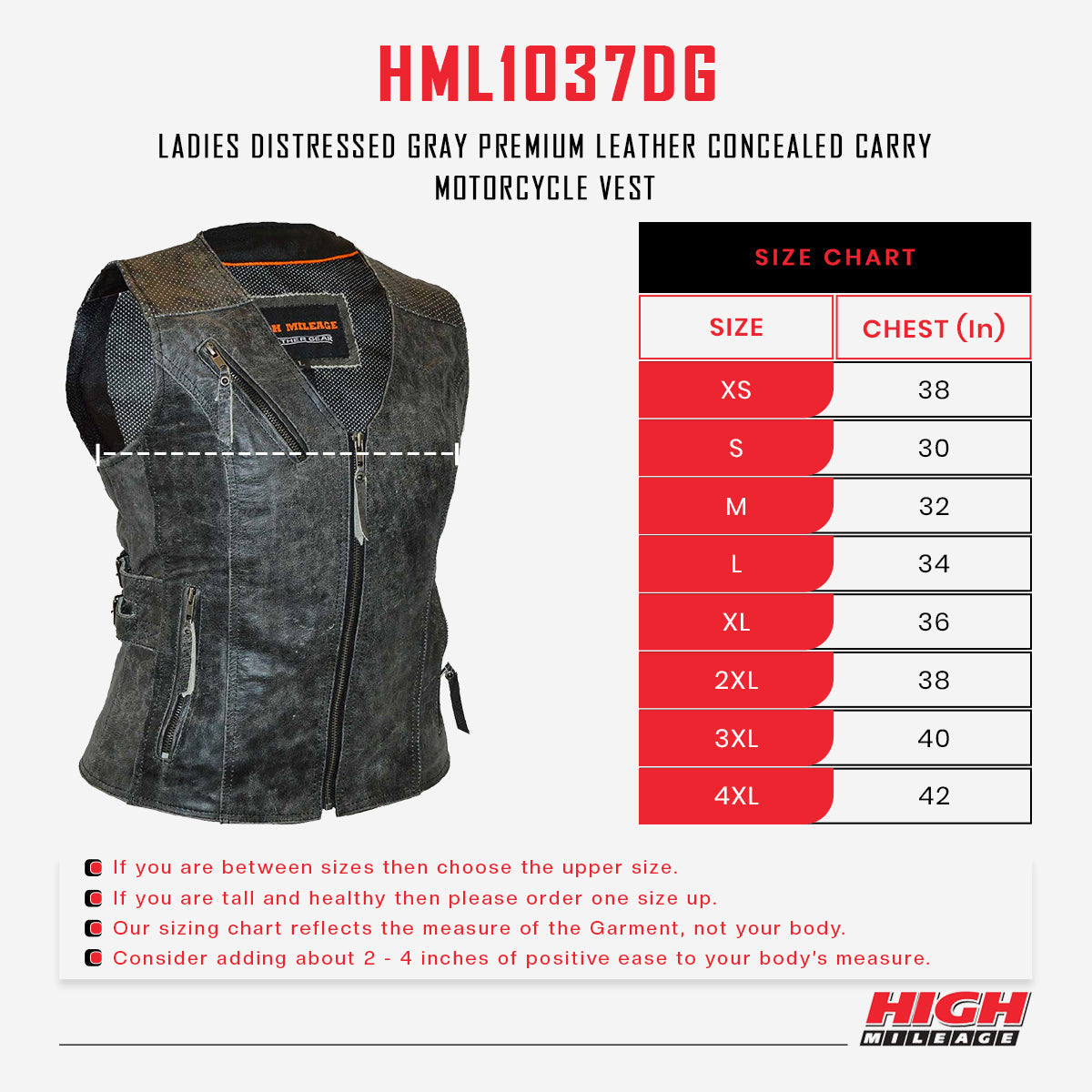 High Mileage Women's Distressed Gray Premium Cowhide Biker Motorcycle Leather Vest With Buckles - Image 4
