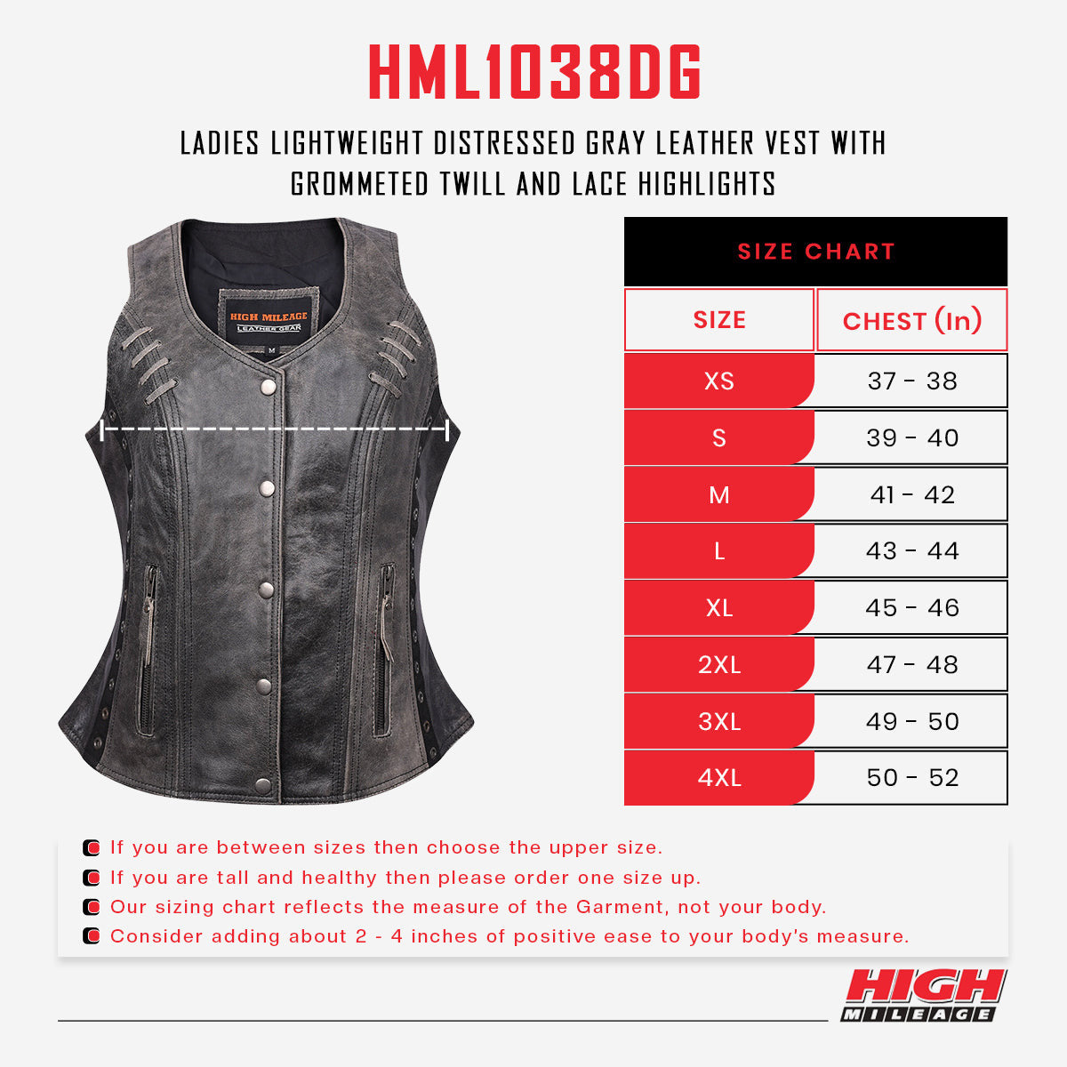 High Mileage Women's Distressed Gray Premium Soft Goatskin Leather Vest With Twill Lace and Grommet Highlights - Image 6